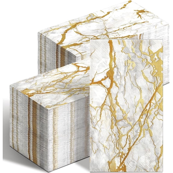 200 Pcs Marble Guest Napkins 2 Ply Disposable Guest Bathroom Paper Napkins Black Gold Marbleized Hand Towels for Home Bathroom Kitchen Table Decor (White Gold)