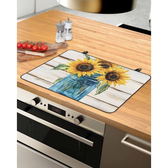 nqOlkjepod Large Induction Cooktop Protector Mat 28.5"x20.5", Sunflower Stove Top Covers for Electric Stove, Blue Bottle Yellow Floral Country Woodgrain Stove Burner Cover Mats Stove Cover