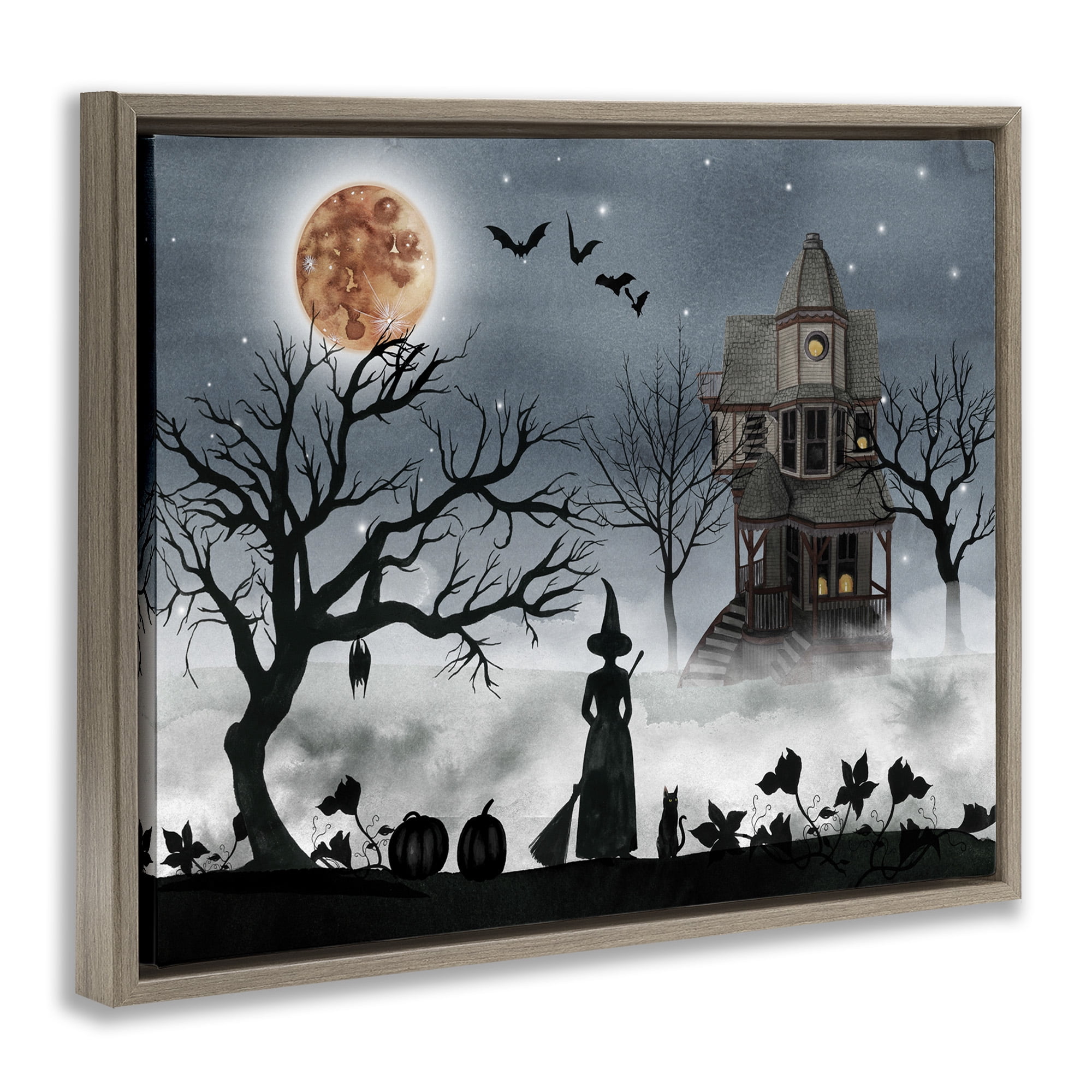 Stupell Industries Witch & Haunted House Scene Holiday Painting Brown Floater Framed Canvas Art Print Wall Art, 31 x 25