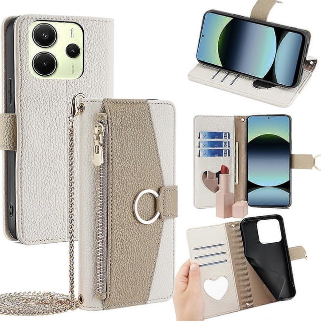 For Xiaomi Redmi Note 14 4G (163.25mm) Case Mirror Wallet Leather Phone Cover with Chain Shoulder St