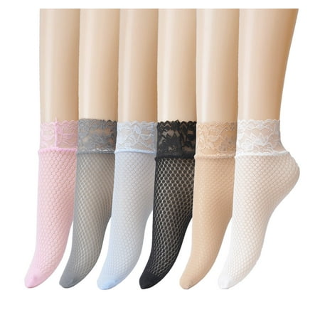 

JORMATT 6 Pairs Women Lace Fishnet Socks Nylon Sheer Ankle Dress Socks Low Cut Pink Beige Thin Novelty Cute Comfort Cuff Socks For Flats Size 4-8