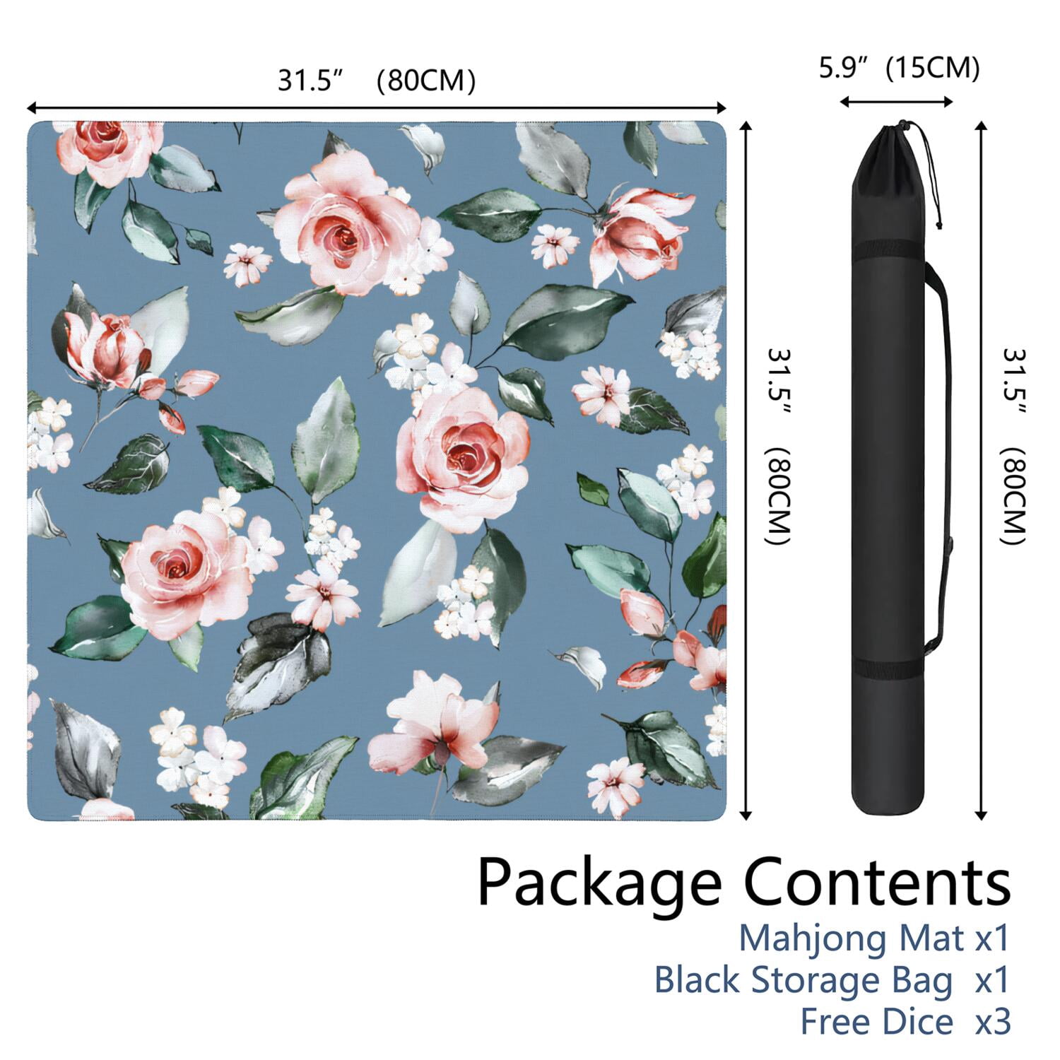Floral Style Mahjong Mat 31.5x31.5 Inches Rubber Material Provides Quiet Non-Slip Surface for Tile and Card Game Play