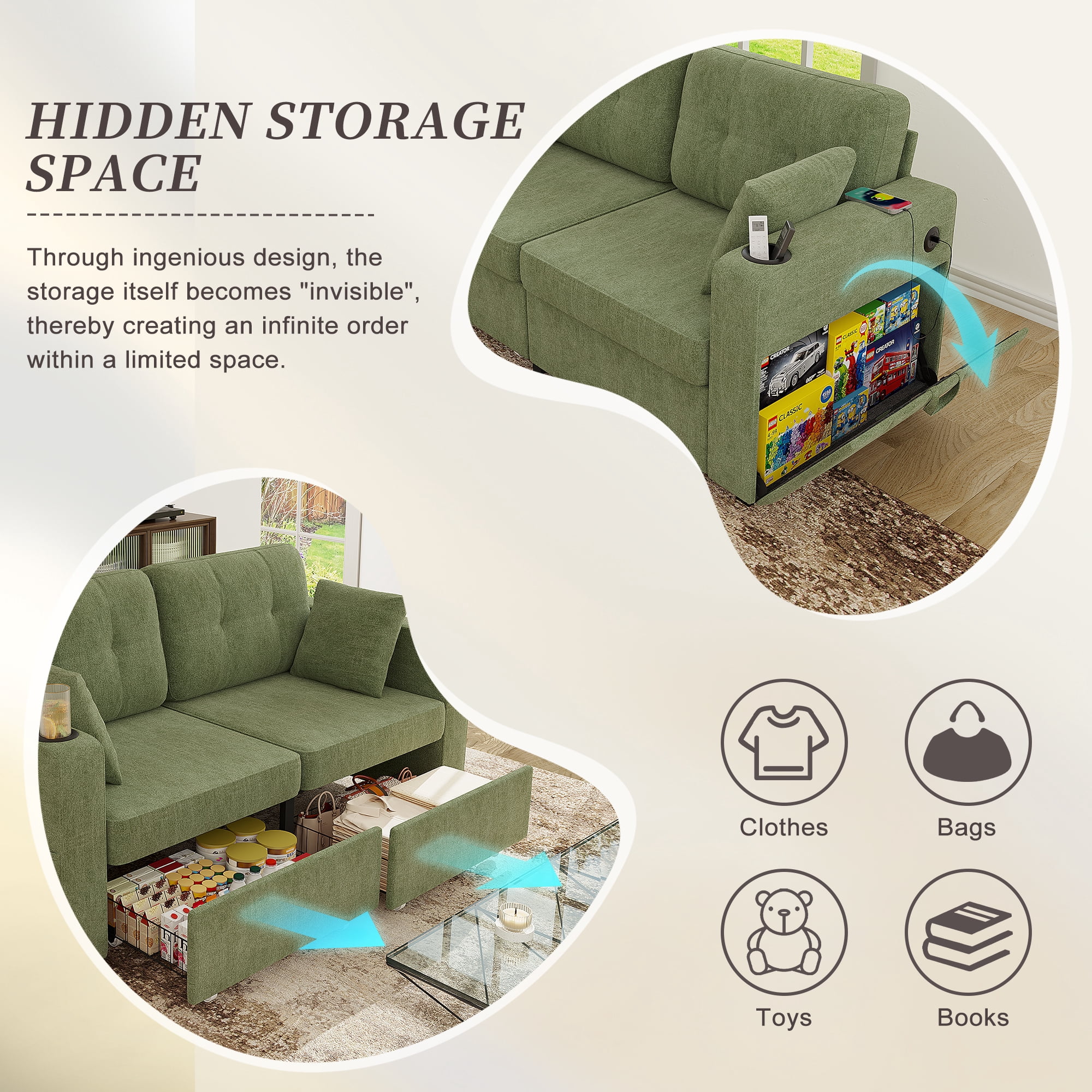 MOONMISS 68" Chenille 3 Seater Sofa Deep Seats,Wood Frame with Storage,USB Charging and Cup Holder,Olive