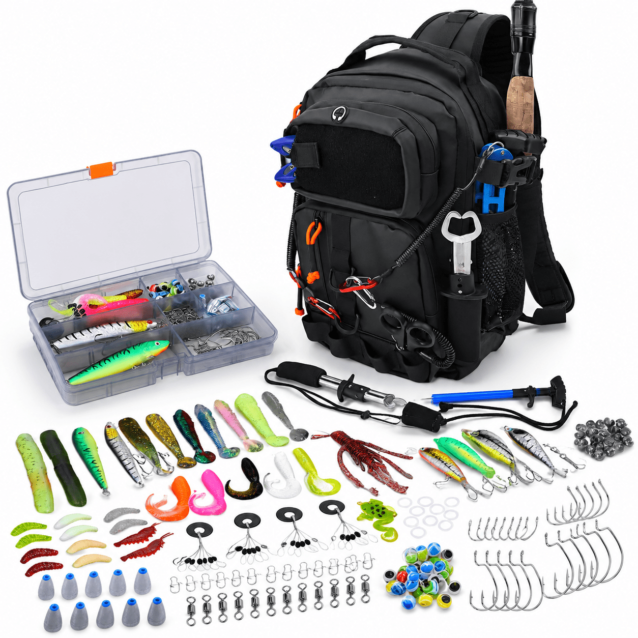 Black 420D Nylon Waterproof Fishing Backpack with Tackle Kit and Tools