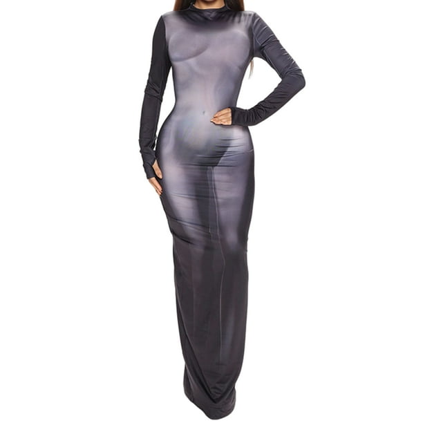 Vestido De Mujer Con Estampado De Cuerpo Vestido de manga larga Slim Fit Body-Shaping Atuendo Cóctel (Negro S) Ygjytge para Mujer Negro T L