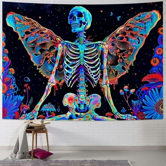 BCIIG Blacklight Skull Tapestry Aesthetic Butterfly Tapestries UV Reactive Mushroom Eyes Tapestry Galaxy Space Tapestry Neon Skeleton Moth Tapestry Wall Hanging for Bedroom Painting
