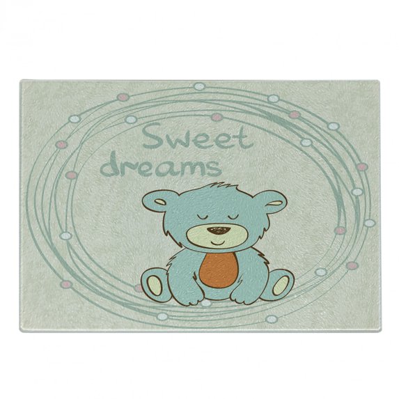 Saying Cutting Board, Teddy Bear Hand Drawn Cartoon Illustration Circles Background, Decorative Tempered Glass Cutting and Serving Board, Small Size, Pale Blue Eggshell, by Ambesonne