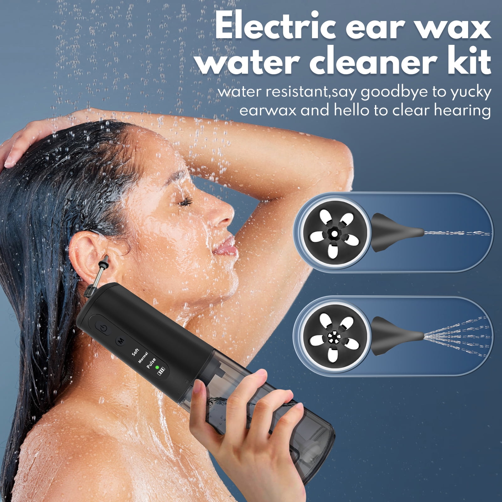 Ear Wax Removal Kit - Water Powered Ear Cleaner with 4 Reusable Replacement Tips and 3 Water Pressure Modes, Safe Electric Ear Wax Removal Tool, IPX7 Waterproof USB-C Rechargeable
