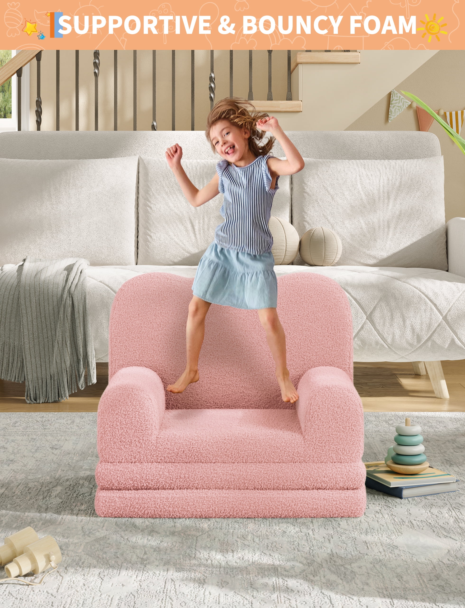 Kids Couch, 2-in-1 Convertible Teddy Fleece Fabric Toddler Sofa Chair, Soft Fold Out Couch Lounger, Comfy Children's Sofa Bed for Nursery Gift