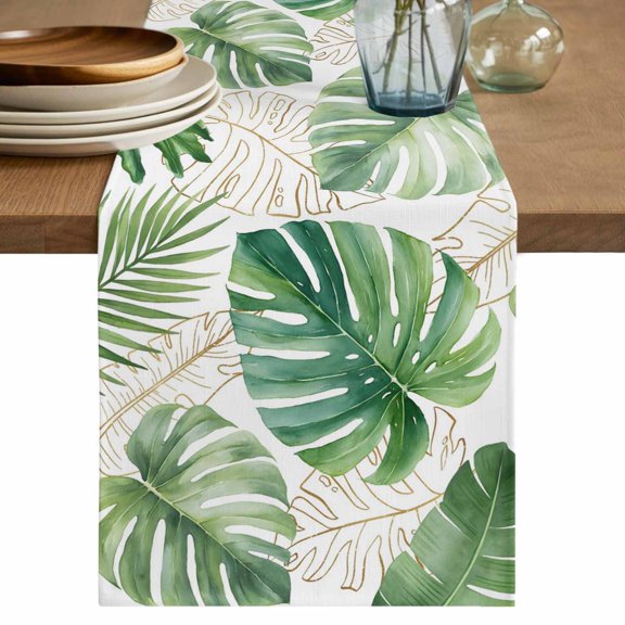 Green Monstera Leaves Table Runner 72 Inches, Tropical Summer Botanical Bed Runner Dresser Scarves Tabletop for Indoor Outdoor Parties/Ceremony/Banquet, 14" x 72"