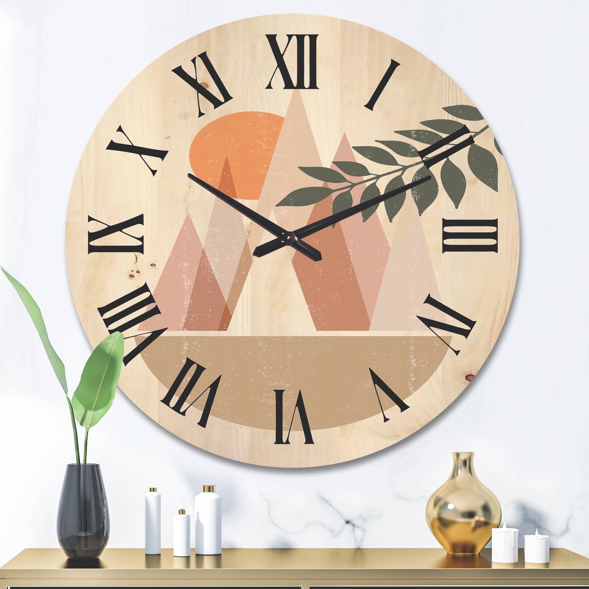 Designart 'Abstract Moon and Sun In Mountains II' Modern Wood Wall Clock