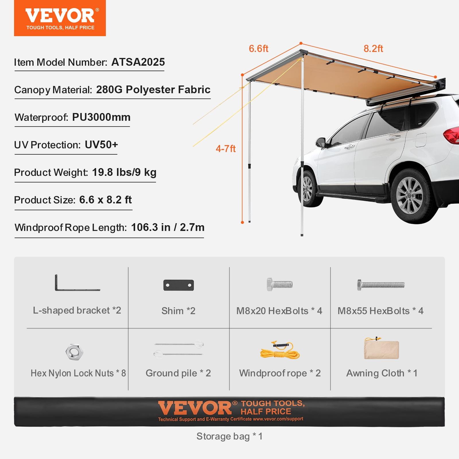 KFFKFF Vehicle Awning 6.6' x 8.2' Shade Coverage Car Side Awning PU3000 mm UV50+