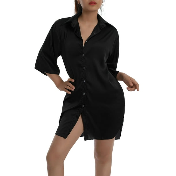 Women Sexy Satin Nightshirt Button Down V-Neck Sleepshirt Sleepwear Dress