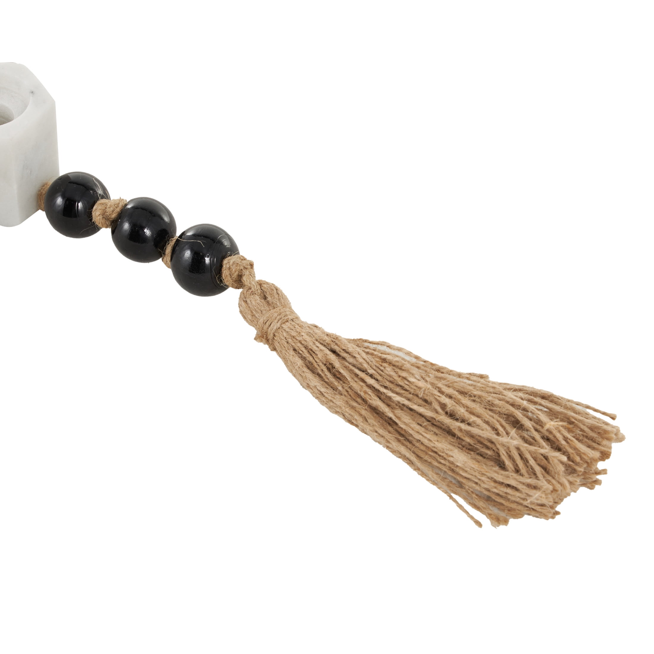 DecMode 5 Candle White Marble Hexagon Garland Candle Holder with Brown Tassel and Black Beads