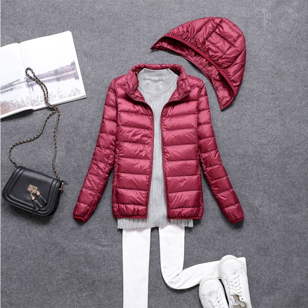 Chaqueta de plumón ligera con capucha y cremallera desmontable para mujer, abrigo corto ultrafino de otoño e invierno