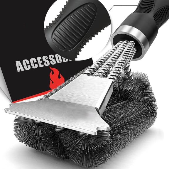 Grill Brush and Scraper, Extra Strong BBQ Cleaner Accessories, Safe Wire Bristles Barbecue Triple Scrubbers Cleaning Brush for Gas/Charcoal Grilling Grates