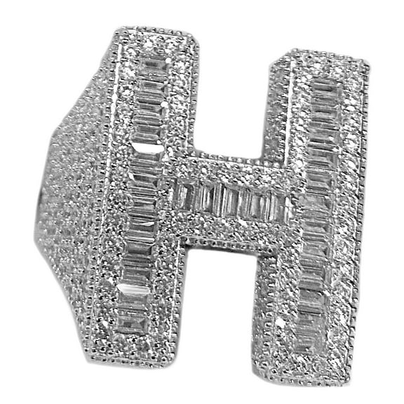 Men's Real Solid 925 Sterling Silver Initial Letter H Iced Baguette Flooded Out Big Hip Hop Ring Size 10
