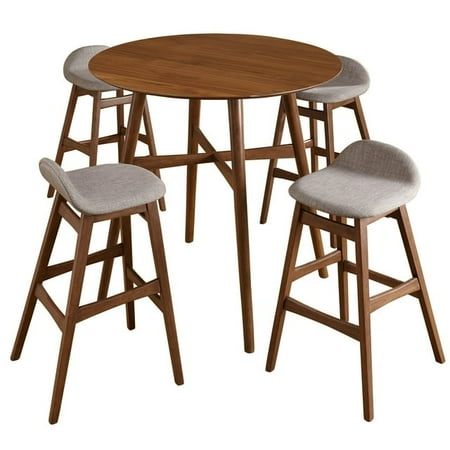 Bellamy Studios Remmie 5-Piece Indoor Dining Pub Set Includes Round Table and Stools Walnut/Gray Linen