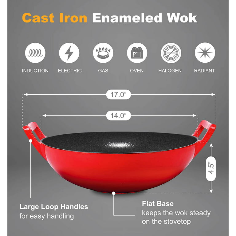Bruntmor 14 Inch Enameled Cast Iron Wok/Pot. 14 Nonstick Enamel Skillet  Pan With Large Loop Handles & Flat Base. Cooking Ware For  Kitchen/Indoor/Outd