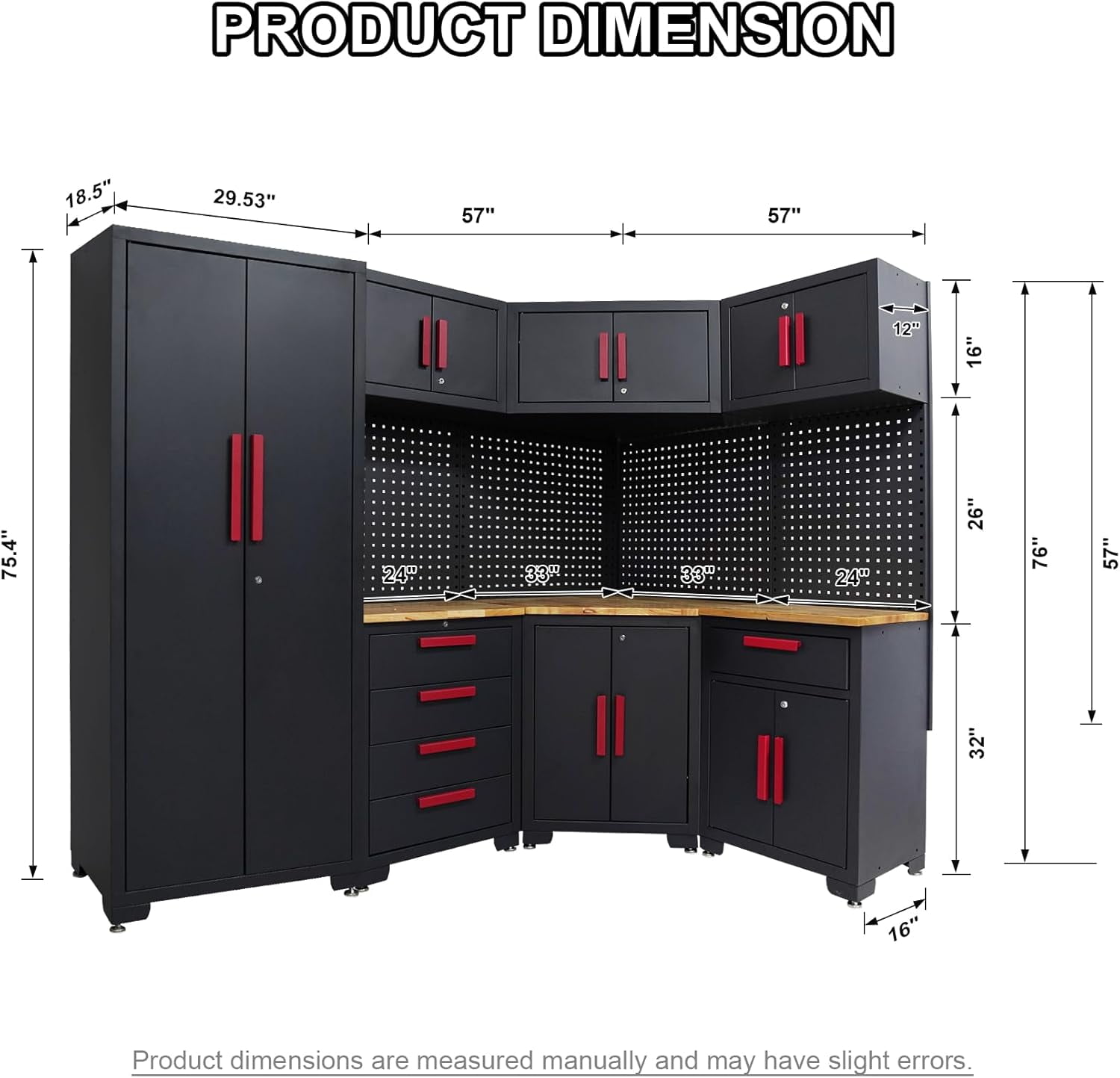 HPDMC 16PCS Corner Garage Storage Cabinet System - Heavy Duty Workshop Set w/Corner Cabinet Includes Workbench, Pegboard & Lockable Drawers | Metal Tool Organization System for Garage/Workshop