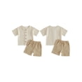 thumbnail image 2 of BemeyourBBs Toddler Baby Boy Summer Clothes Infant baby Boys Cotton Linen Outfits Short Sleeve Solid Color Button Down Shirt Tops and Elastic Waist Pockets Shorts 2Pcs Set, 2 of 9
