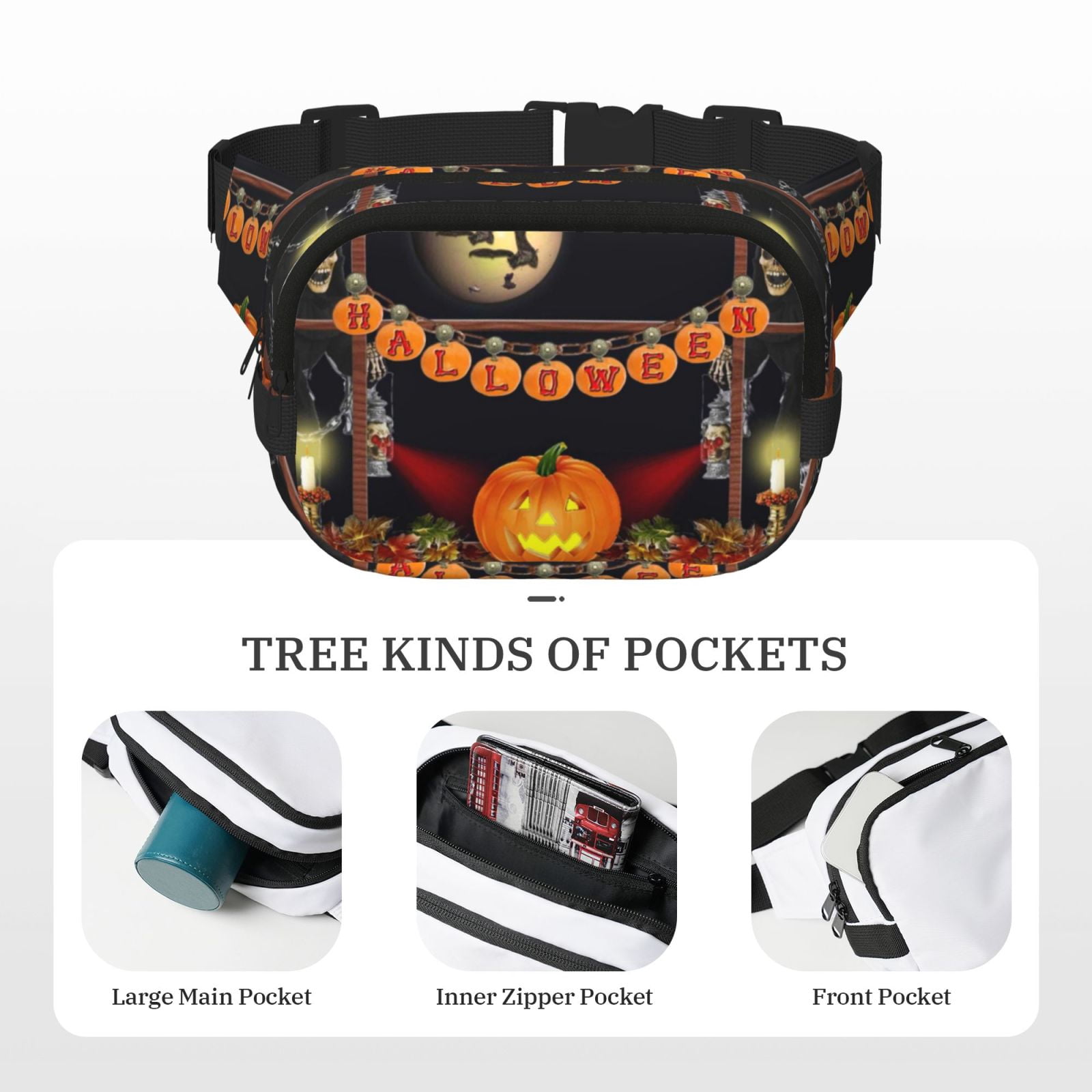 Hirioo Halloween Decoration for Double Layer Waist Bag Adjustable Fanny Pack For Travel Running Hiking