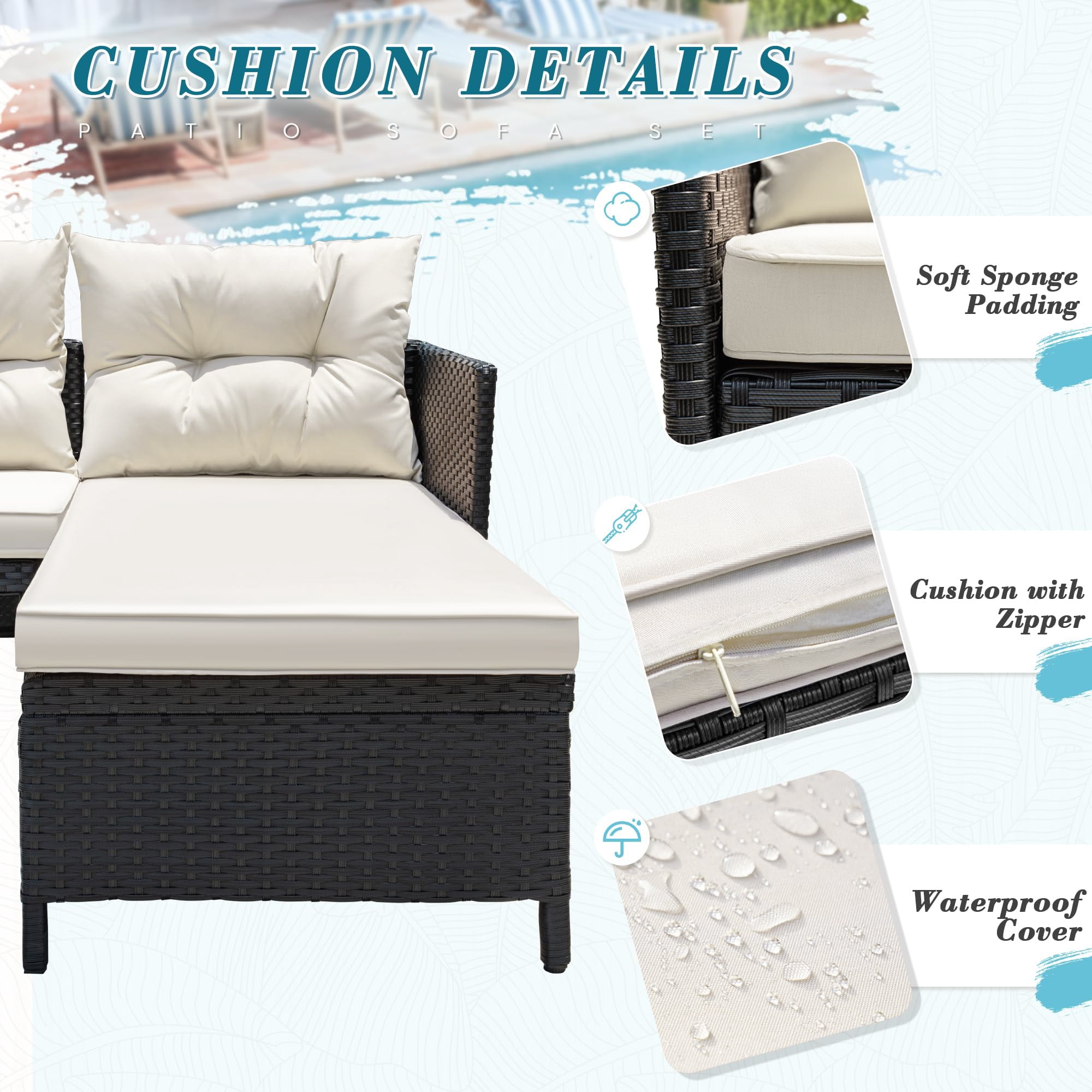 Aukfa Outdoor Patio Wicker Rattan Sectional Sofa with Table & Beige Cushions for Yard, Garden, Porch