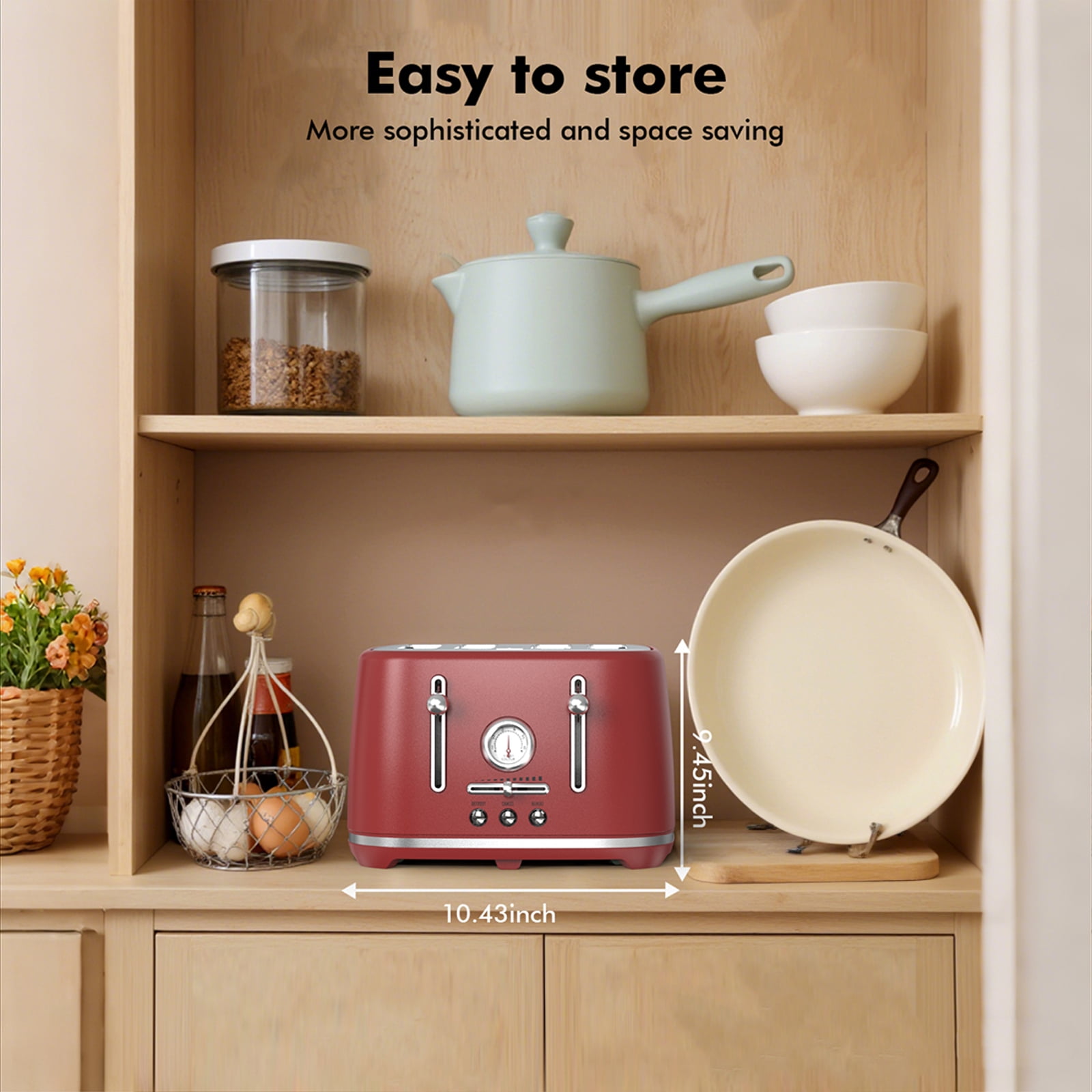 LONGDEEM 4 Slice Toaster - 6 Browning Options, Wide Slots, High Lift Lever, Dual Controls - Red