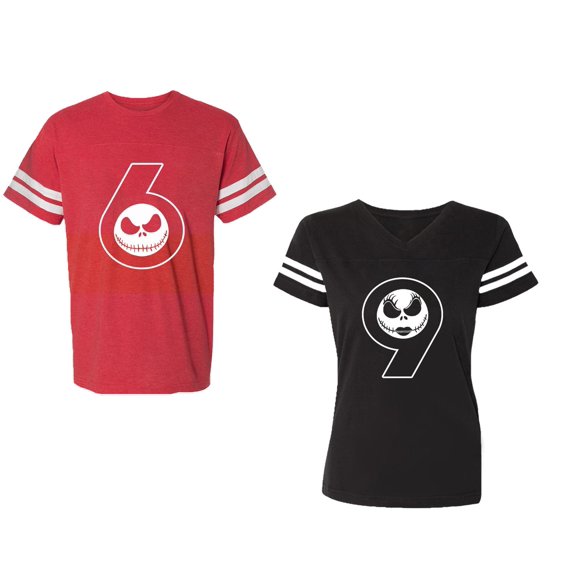 Halloween 69 Unisex Couple Matching Cotton Jersey style T-Shirt Contrasting stripes on sleeves (Men Red / Women Black) (Men S / Women S)