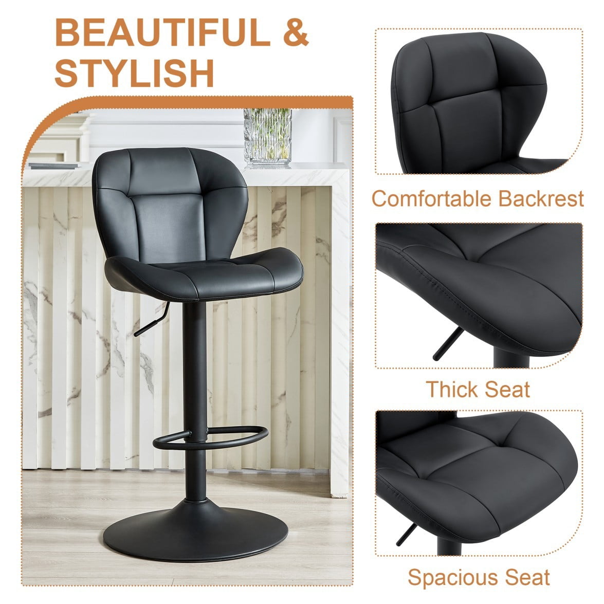 Set of 2 Adjustable Bar Stools, PU Tufted Counter Height Chairs with Metal Base & Footrest for Kitchen Island, Bar & Pub, Black