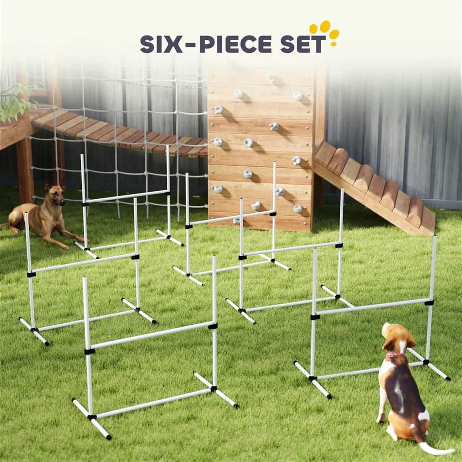 resenkos 6-Piece Dog Agility Set with Height-Adjustable Bars, Carry Bag, Top Bar for Training, Easy Assembly, White