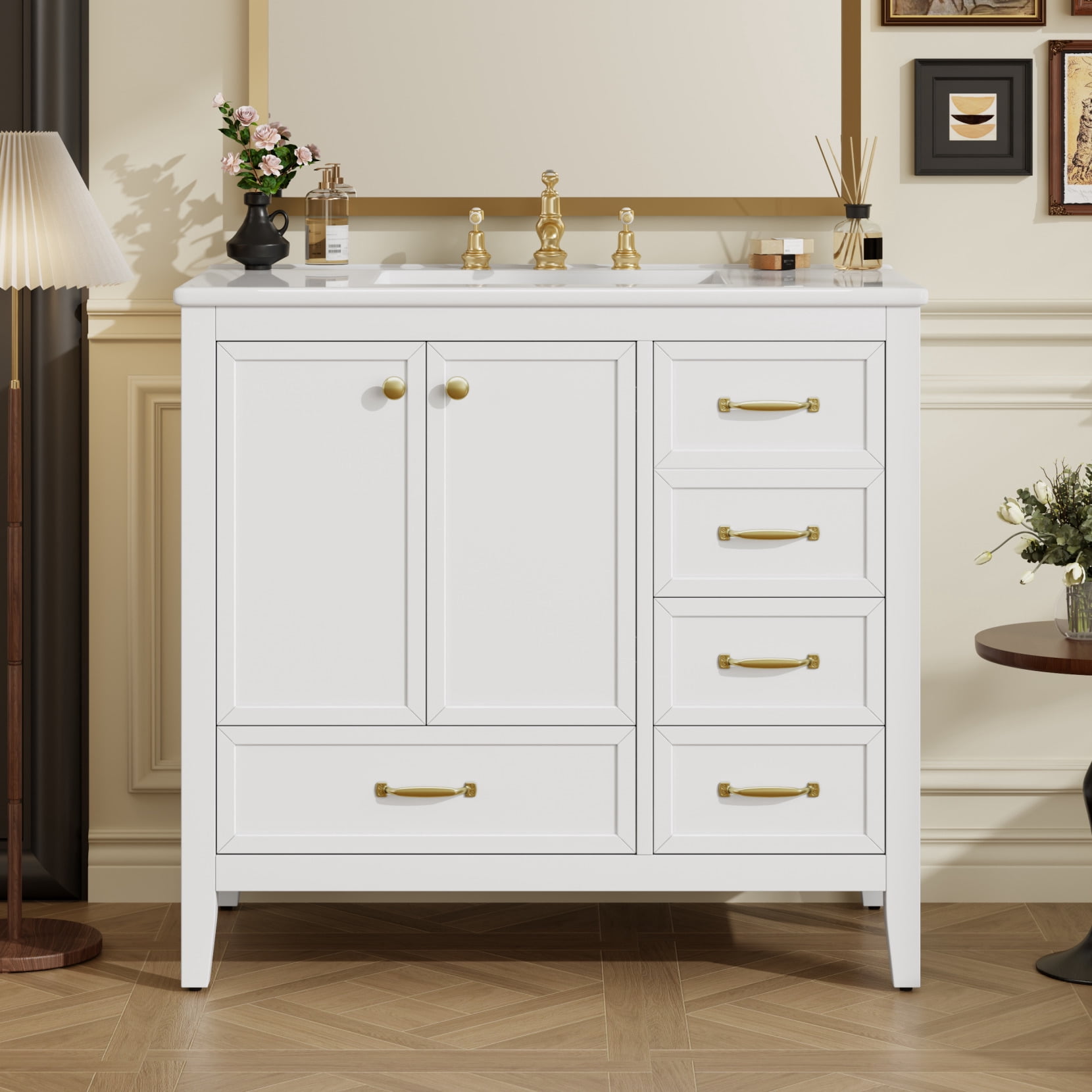 36" Bathroom Vanity with Sink Combo, Freestanding Bathroom Storage Cabinet with 4 Drawers and 2 Soft Closing Doors, Solid Wood Frame, White