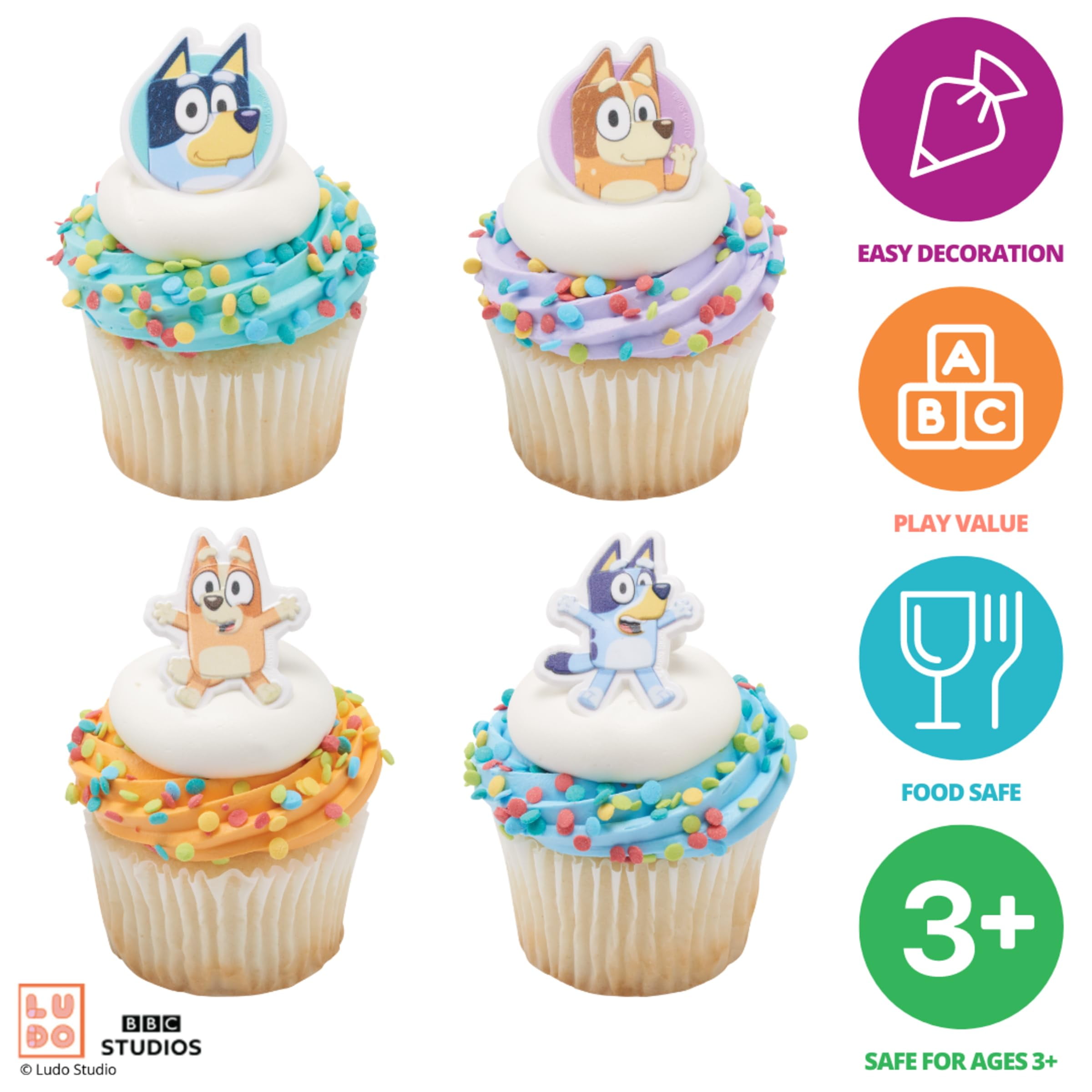 DecoPac Bluey So Much Fun Rings, 24 Cupcake Decorations Featuring Bluey, Bingo, Bandit, and Chilli, 3D Food Safe Cake Toppers  24 Pack