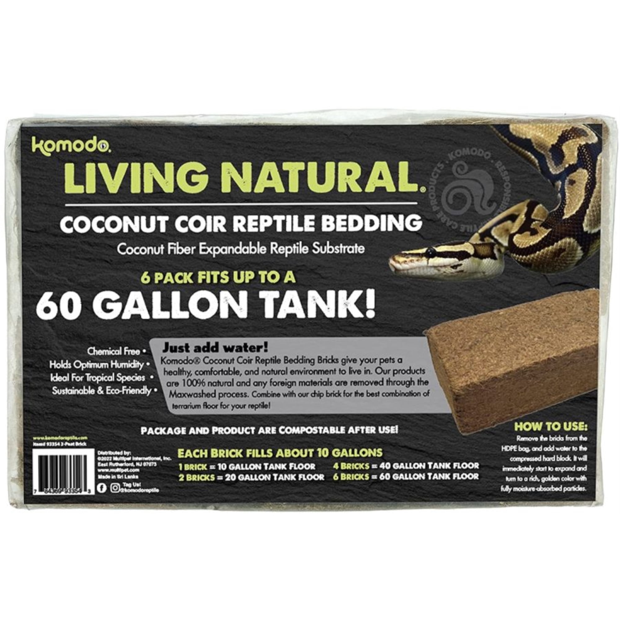 Komodo Reptile 93354 Coconut Coir Peat Bedding, Brown - Pack of 6