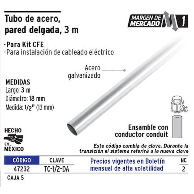 tubo 1/2' de acero galvanizado 3 m, para pared delgada Tubo galvanizado de 3 m en vista frontal con extremo abierto y acabado metálico liso; marcado 1/2" (13 mm) y indicado para ensamble con conductor conduit en instalaciones eléctricas; fondo blanco con texto técnico.