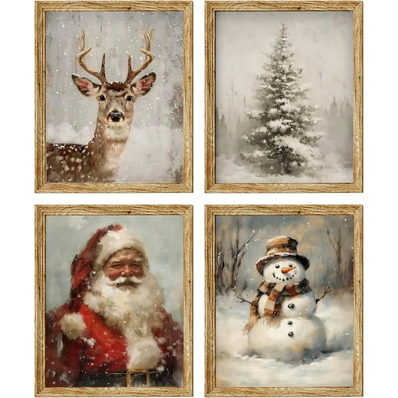 Hieng Vintage Winter Christmas Prints Poster Unframed Set of 4, Rustic Santa and Reindeer Wall Decor for Bedroom Living Room Farmhouse, Retro Snowman Christmas Tree Pictures Wall Art Artwork