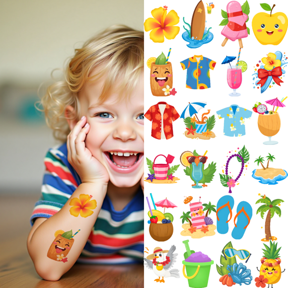 54 Temporary Tattoo Stickers, Waterproof Long-lasting Body Stickers Hawaiian Beach Coconut Tree Ice Cream Swimming Ring Kids Boys Girls Tattoo Stickers Arm Arms Shoulder Cheeks