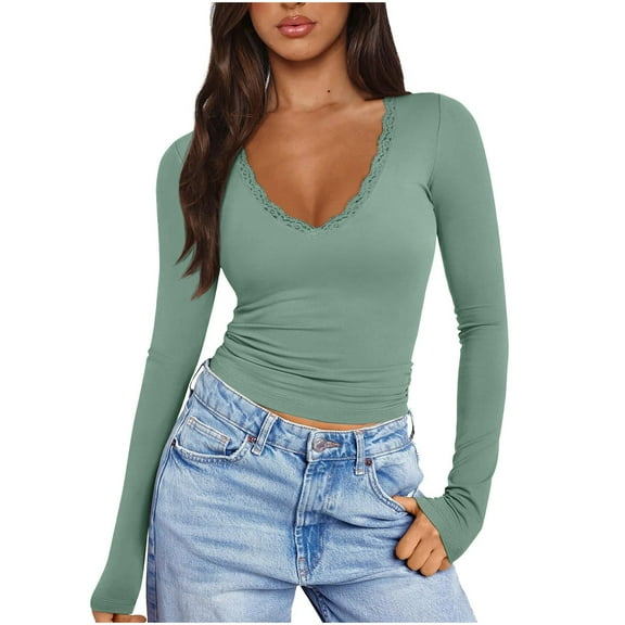 FNFHFY Women's Lace V Neck Shirts Long Sleeve Ribbed Fitted Blouse Shirt Crop Y2K Top Fall Trendy Fall Going Out Tops