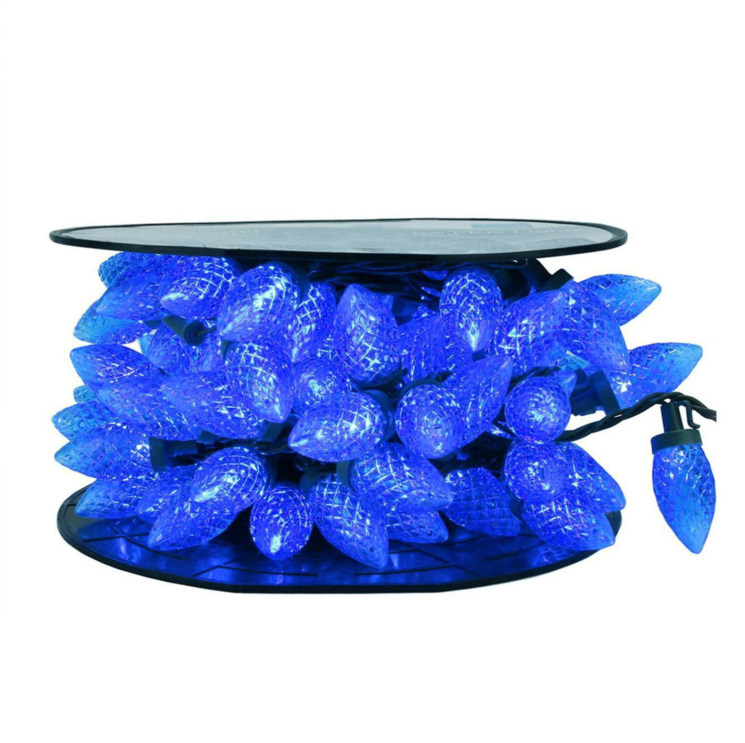 Set of 50 Blue LED Faceted C9 Christmas Lights on Spool Green Wire