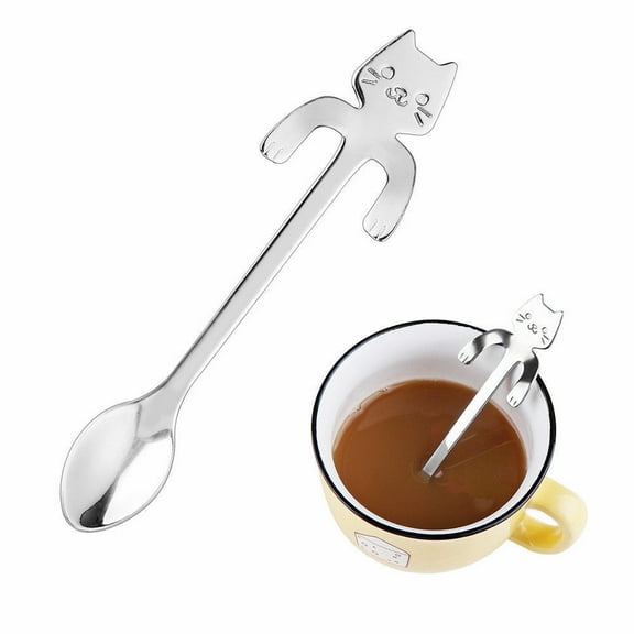 Simyoung Stainless steel Cute Cat Spoon Long Handle Spoons Flatware Coffee Drinking Tools Gadget Silver