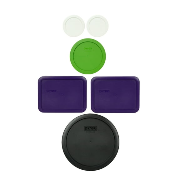 Pyrex (2) 7200-PC White Lids, (1) 7201-PC Lawn Green Lid, (2) 7210-PC Plum Purple Lids, and (1) 7402-PC Black Lid