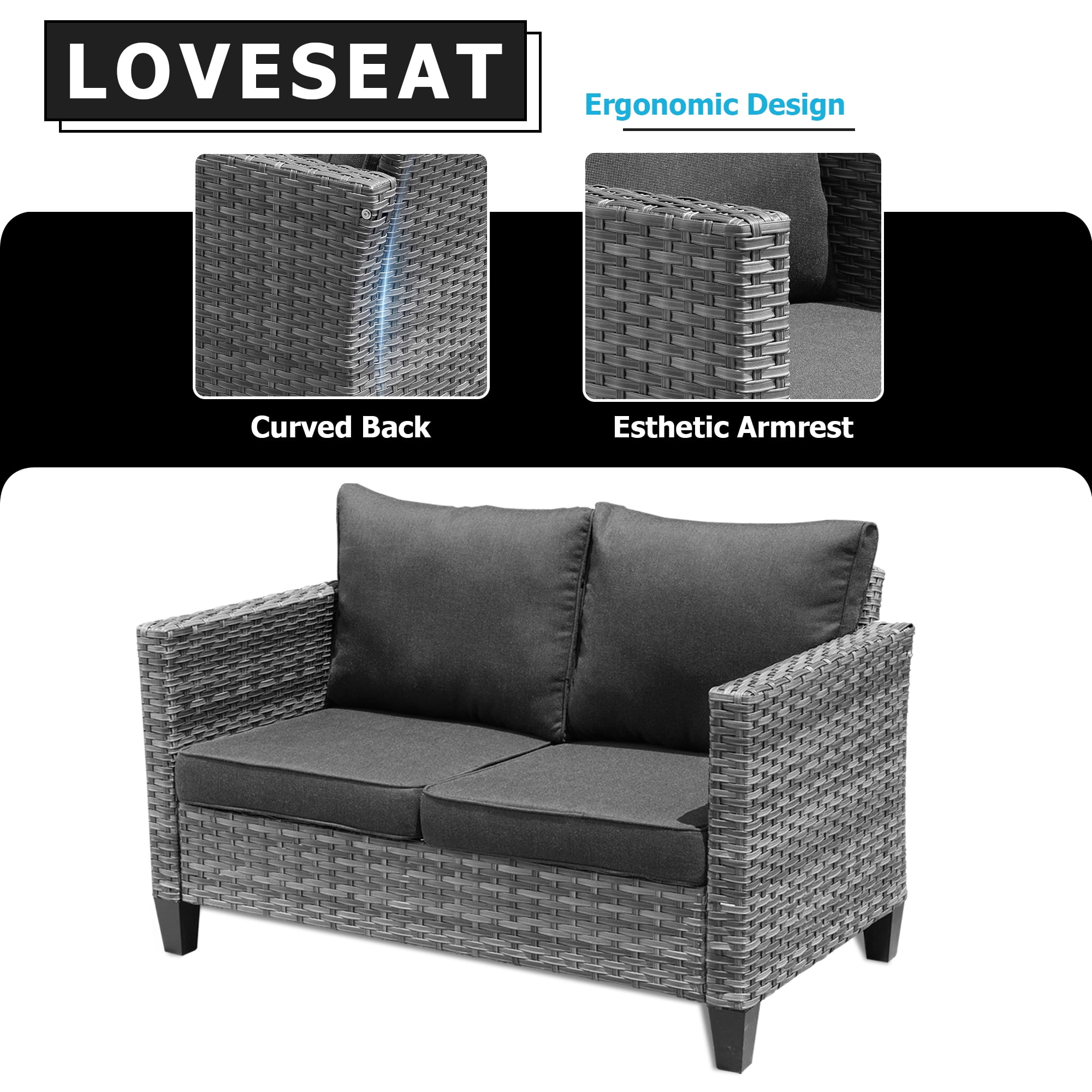 XIZZI Outdoor Furniture 50" Loveseat Sofa Couch with Gray Wicker Rattan(Black Cushion)