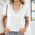 thumbnail image 2 of WRKEKC Hauts d'Été pour Femmes Automne Manches Courtes Col Rond Décontracté Haut avec Insert en Dentelle au Style Moderne, 2 of 9