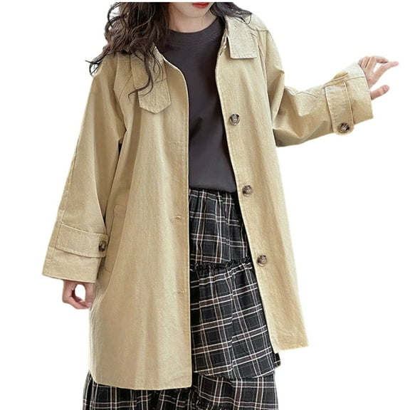 BFHHYA Girls' Lightweight Trench Coat Mid-Length Collared Single-Breasted Casual Jacket Outerwear for Fall Daily Wear & Outdoor Walks (5-15Y)