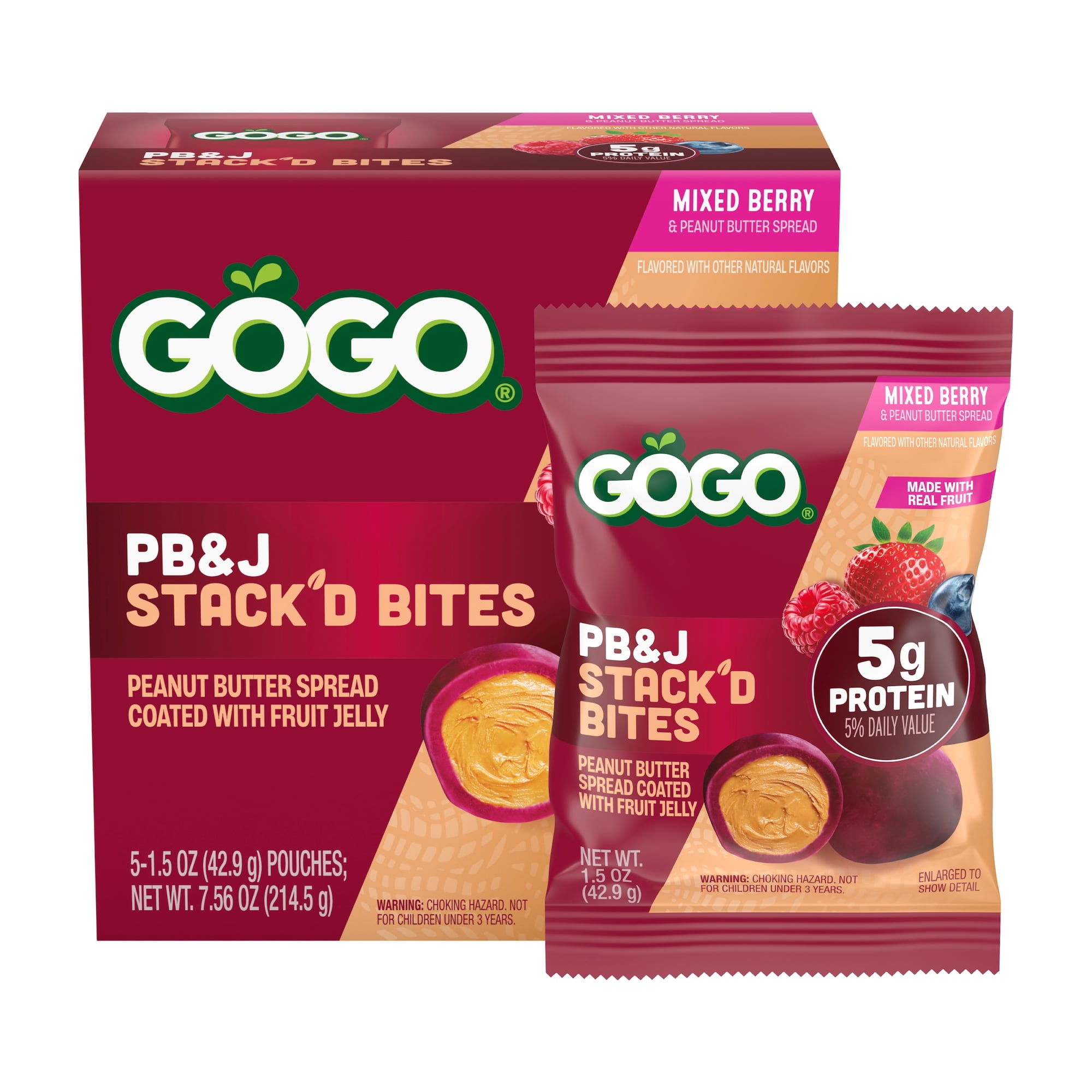GOGO PB&J STACK'D BITES 5g Protein From Real Peanuts Mixed Berry, 1.5 oz (5 Pack)
