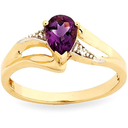 Simply Gold Gemstone 7x5mm Pear-Shaped Amethyst and Diamond Accents 10kt Yellow Gold Ring, Size 7 by