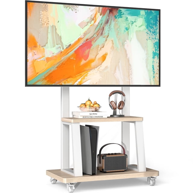 RTVR Support TV Roulant sur Roulettes pour Écrans de 37 à 75 Pouces avec Tablettes de Rangement, Chariot Mobile TV Portable à Hauteur Réglable, Capacité Max 150 Lb, Blanc