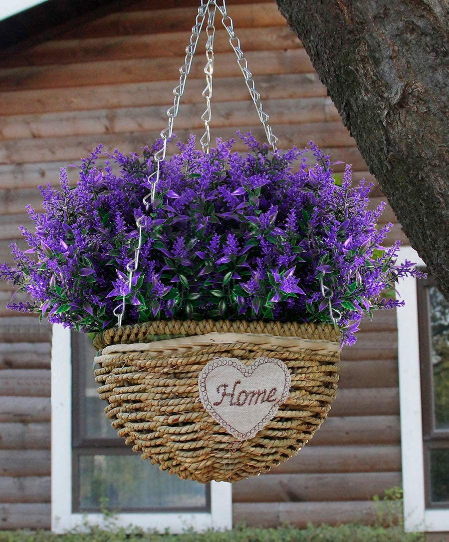 RECUTMS Artificial Flowers Plants Lavender Fake Shrubs Flowers Indoor Outside Hanging Decorations(Purple)