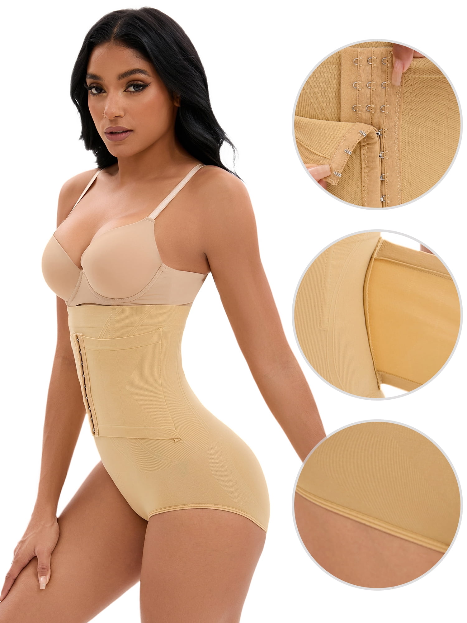 Unique Bargains Women's Front Hook Closure Briefs High Waist Shaperwear Panties L Beige