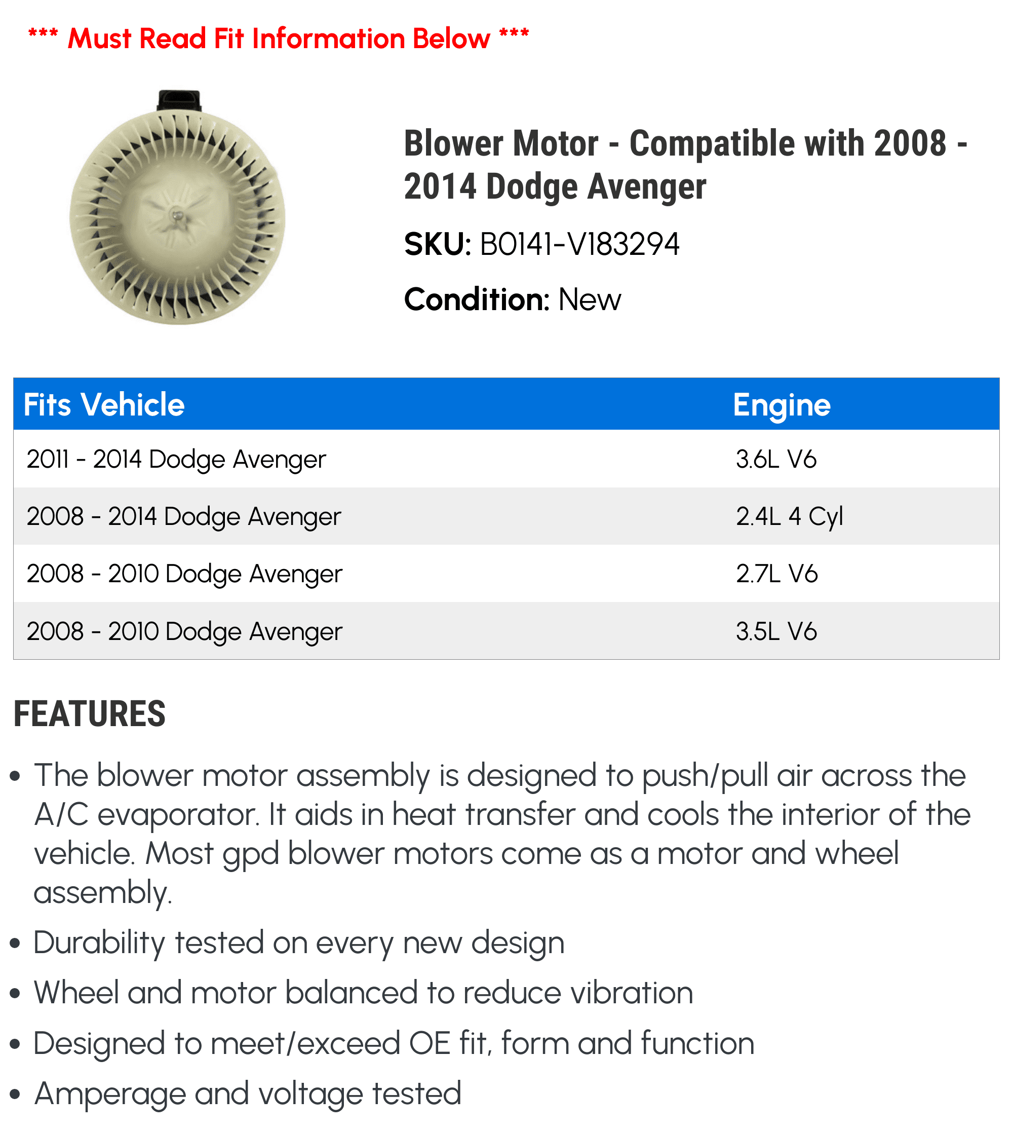Blower Motor - Compatible with 2008 - 2014 Dodge Avenger 2009 2010 2011 2012 2013
